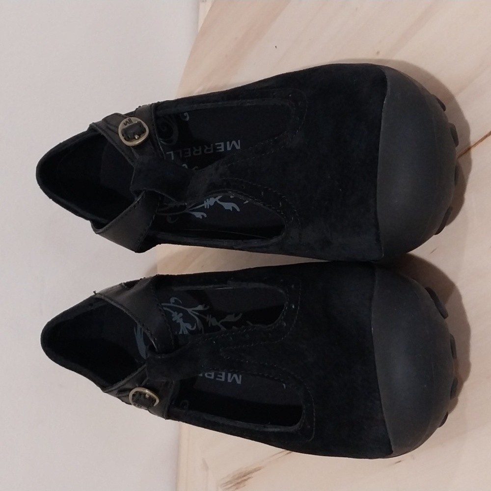 Merrell Maryjane Shoes Size 9.5 Plaza Black Suede Wedge Heel Outdoors Camping - Picture 7 of 14